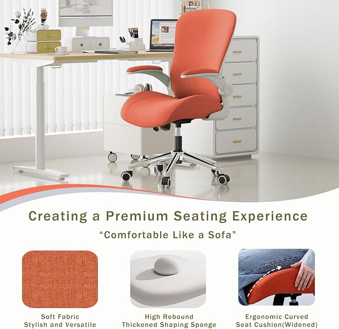 Orange Ergonomic Office Desk Chair, Soft Fabric Thickened Curved seat Cushion with Adjustable Lumbar Support, Perfect Blend of Comfort and Good Looks, Ideal Chair for Home or Office, Orange