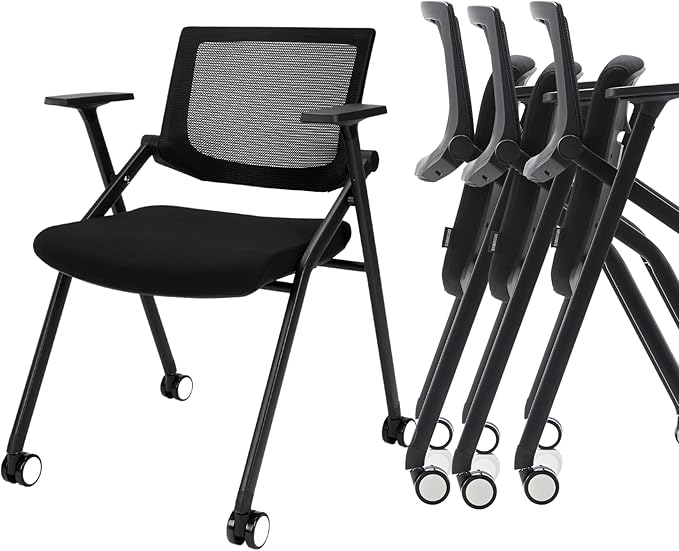 12 Pack Stackable Conference Room Chairs with Wheels and Paddle, Ergonomic Mesh Back and Arms for Meeting, Conference, Reception, Training Room & Home Office Desk Folding Chairs, Set of 12