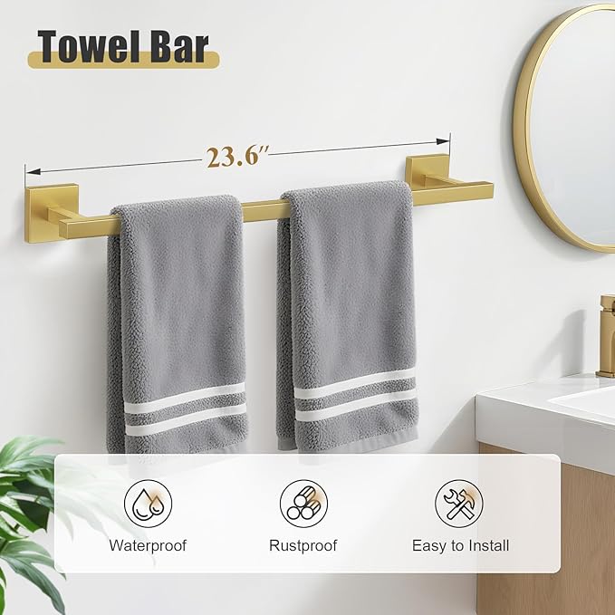 YACVCL 5-Pieces Brushed Gold Bathroom Hardware Accessories Set Stainless Steel Bathroom Towel Bar Set Towel Holder Set for Bathroom,Upgraded Toilet Paper Holder with Shelf,Wall Mounted 23.6"