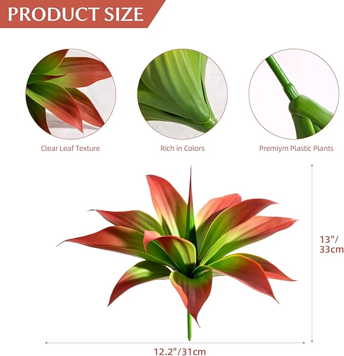 Artificial Agave Plants,Large UV Resistant Fake Agave Planters 12" for Indoor and Outdoor Decorating Tropical Plant Succulents Greenery Indoor Decor (2Pack, Red)