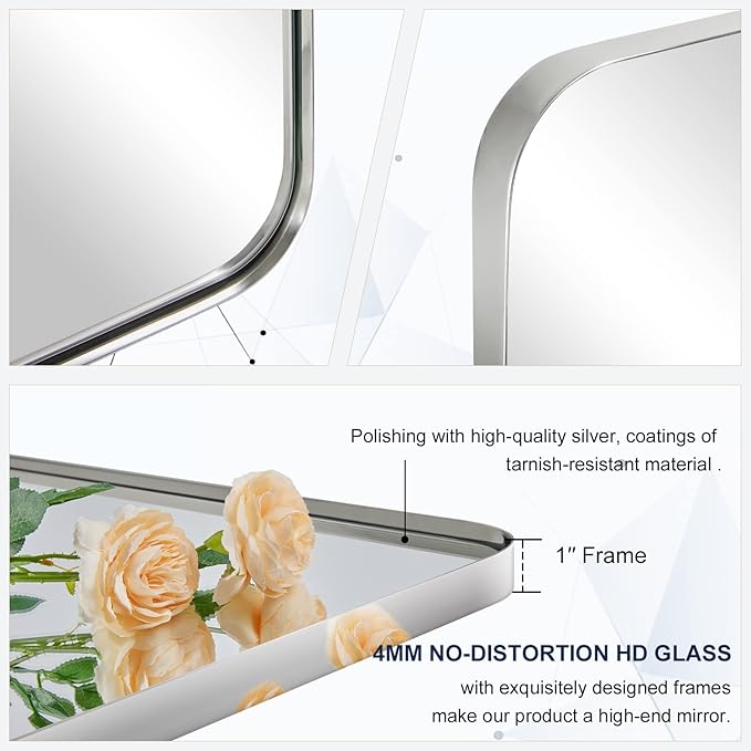 ANDY STAR 30”x40”Chrome Mirror for Bathroom, Rounded Rectangle Bathroom Mirror, Modern Metal Mirror in Premium Stainless Steel Frame, 1”Deep Set Design Hangs Horizontal Or Vertical