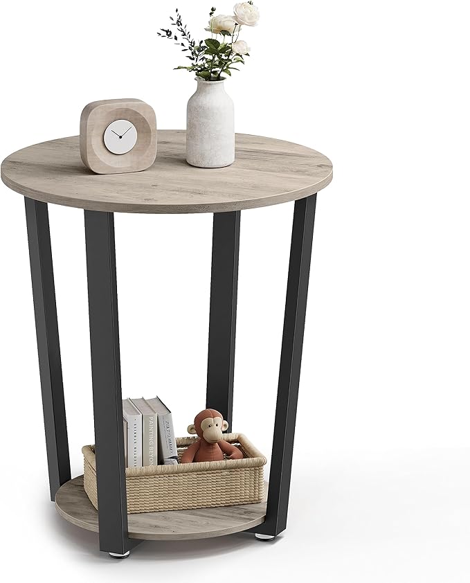 VASAGLE Round Side End Table, 2-Tier Accent Bedside Table with Storage Shelf, Easy Assembly, Nightstand for Small Spaces, Living Room, Bedroom, Heather Greige and Ink Black ULET057B02
