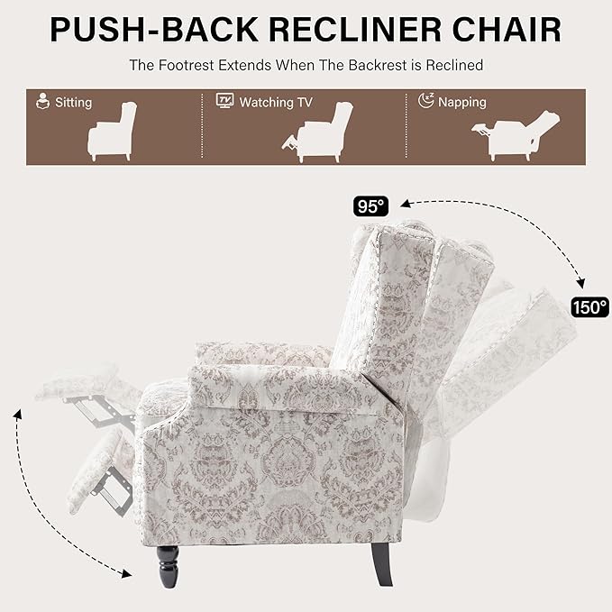 UIXE Recliner Chair, Fabric Upholstered Armchair Pushback Accent Chair for Living Room, Floral Rivet Trim Club Chair Home Theater Single Sofa Reading Seat - Beige Pattern