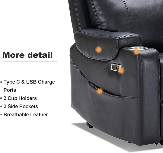 Triple Motor Power Lift Recliner Chair with Adjustable Lumbar Support, Lay Flat Recliner for Elderly, Breathable Black Lift Chair Leather Recliner, Massage & Heating, USB Ports, Cup Holders