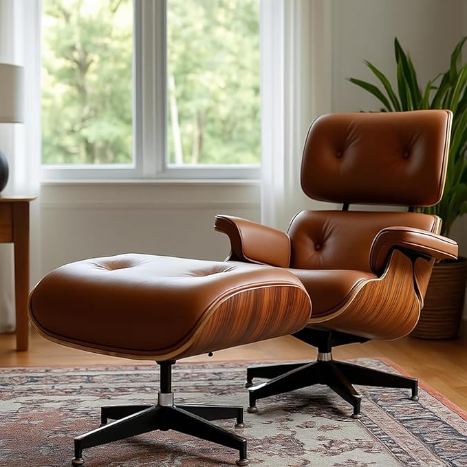 Top Grain Leather, Mid Century Chaise Lounge Chair and Ottoman, Modern Chair Classic Design, Heavy Duty Base Support for Living Room Study Lounge Office, Palisander-Brown, Heightening