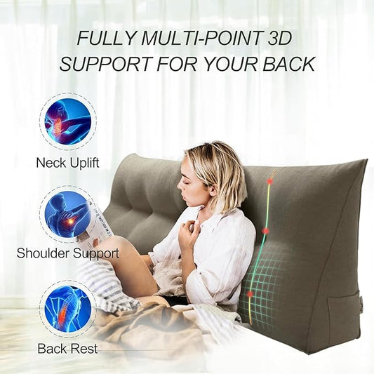 WOWMAX 85% Linen 15% Cotton Blend Headboard Pillow – Queen Size Reading Wedge Backrest for Bed, Handmade Firm Support Bolster Cushion with Removable Cover, Premium Bed Rest Pillow, Light Gray