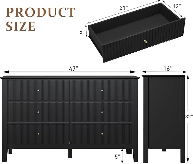 RoyalCraft Black 6 Drawer Dresser Set of 2, Fluted Modern Wood Dresser, Double Chest of Drawers, TV Stand with Storage for Bedroom, Living Room