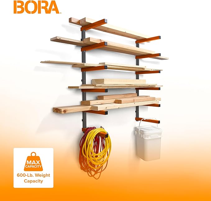 Bora Wood Organizer and Lumber Storage Metal Rack with 6-Level Wall Mount – Indoor and Outdoor Use, In Orange | PBR-001