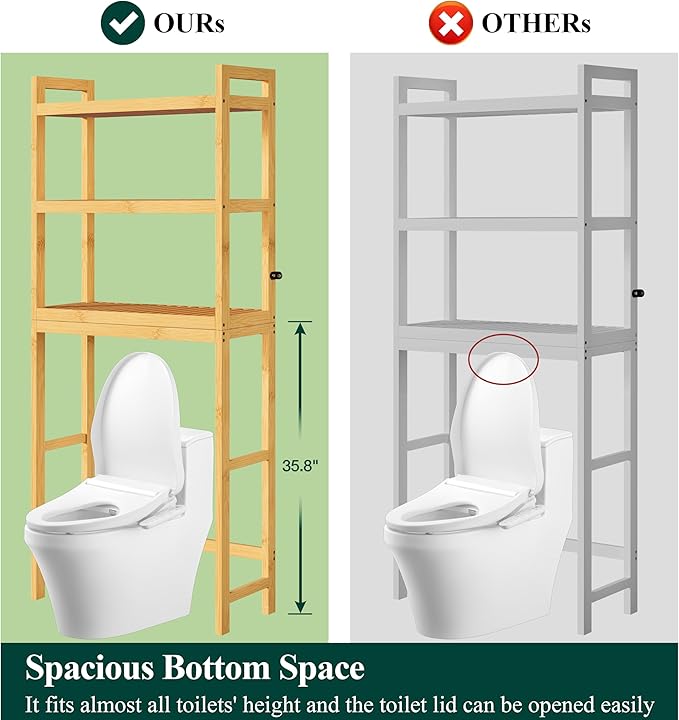 Smiry Over The Toilet Storage Cabinet, 3-Tier Bamboo Bathroom Organizers with Adjustable Shelf & 4 Hooks, Space Saving Shelf Rack for Bathrooms, Laundry Room, Balcony, Natural