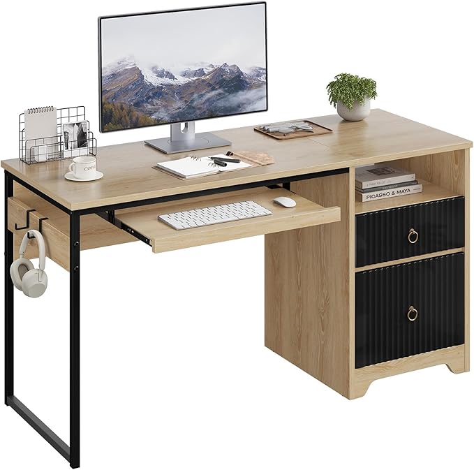 Bestier 55 Inch Computer Desk with Keyboard Tray, Modern Office Desk with Storage, Wood Writing Desk with File Drawer, Fluted Panel & 2 Hooks for Home Office & Studio, Natural Oak