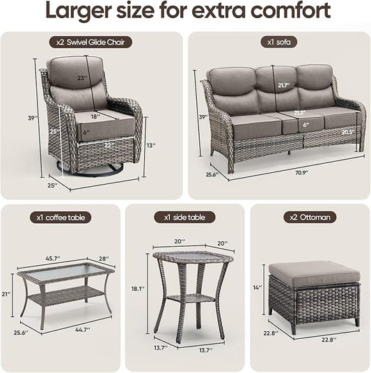 Swivel Patio Chairs sofa Set of 7 with 6" Thick Cushion - Wicker Outdoor Swivel Rocker Patio Chair ,Sofa/Glass coffee table, High Back Comfortable Outdoor Glider Chairs - Gery Wicker | Gery Cushions