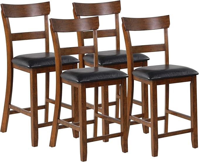 COSTWAY Barstools Set of 4, 25.5-Inch Counter Height Chair with Backrest, Foam-Padded Cushion, Rubber Wood Legs, Wooden Vintage Dining Chair for Bistro, Living Room, Kitchen, Brown and Black