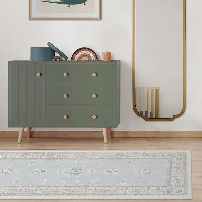 RUGGABLE Washable Vintage Area Rug – Verena Soft Blue 9x12, Stain-Resistant, Non-Slip – Large Machine Washable Rugs for Living Room, Bedroom, Hallway, Entryway & Office–with Standard Pad