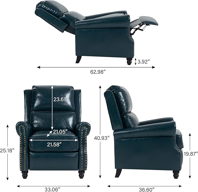Faux Leather Recliner Chair, Modern Pushback Armchair with Adjustable Backrest & Footrest for Bedroom, Living Room,Dark Blue,1 SEAT