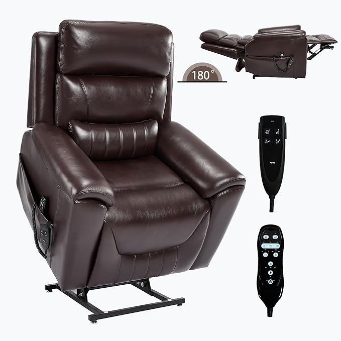 PELUMY Power Lift Recliner Chair for Elderly with Massage and Heat, Dual Motor Heavy Duty 350lbs Recliner, 8-Point Vibration & Lumbar Heating, Electric Lift Chair (Breathable Leather, Dark Brown)