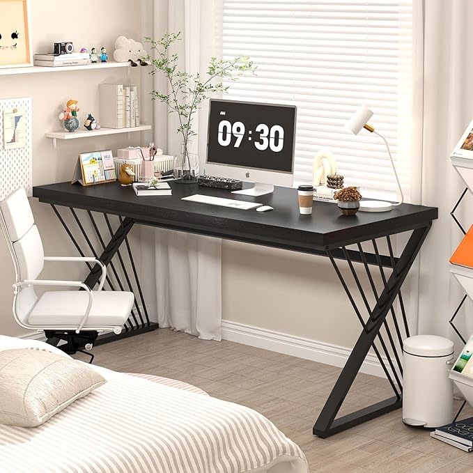 FOLUBAN Black Desk, Modern Wood and Metal Computer Desk for Home Office, Simple Writing Work PC Desks for Bedroom, Industrial Study Gaming Table for Living Room, Black, 53 Inch