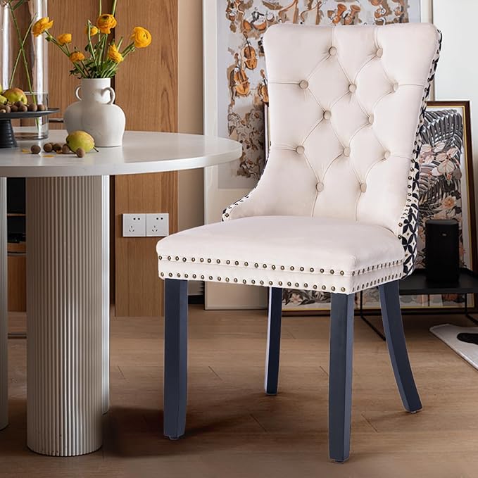 Velvet Upholstered Dining Chairs Set of 8, Modern Style Kitchen Side Chairs with Nailhead Trim and Wood Legs,Metal Pulling Ring for Dining Room Living Room(Quadrangular Star&Beige)