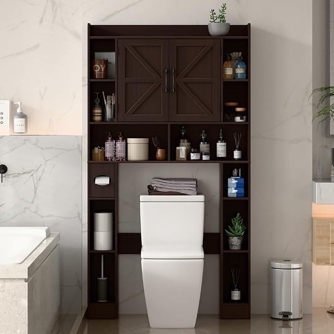 Farmhouse Storage Cabinet Over Toilet with Barn Doors,Over The Toilet Storage Cabinet, Home Space-Saving Toilet Rack, for Bathroom, Restroom, Laundry.Espresso