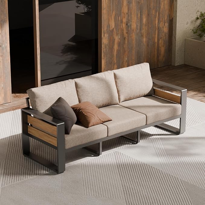 ZANDOR Aluminum Outdoor Patio Furniture - 1 Pcs 3-Seat and Coffee Table, All-Weather Metal Modern Outside Furniture with Washable Thick Cushion for Garden/Backyard/Porch, Grey