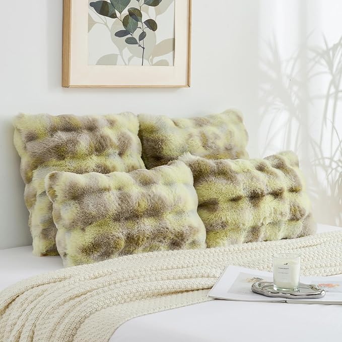 FUTEI Green White Decorative Throw Pillow Covers 26x26 Inch Set of 2,Soft Fuzzy Faux Rabbit Fur Euro Pillow Shams with Raised Texture,Neutral Boho Home Decor for Couch Bed Living Room