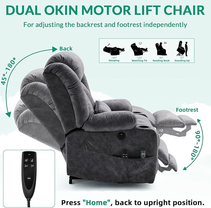 VIVIJASON Tall Man Large Dual Motor Power Lift Recliner Chair with Extended Footrest, Oversized Lay Flat Sleeper Electric Recliner W/Heat & Massage, Lumbar Pillow, USB & Type-C Ports, Plush Gray