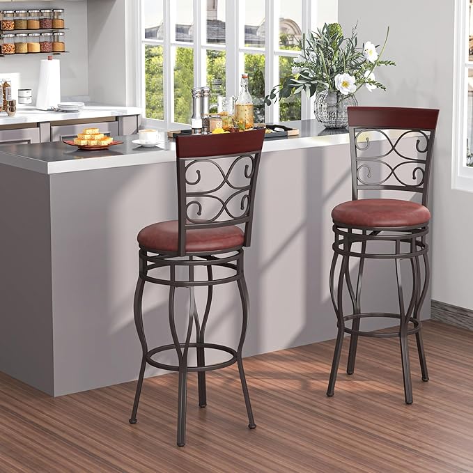 Giantex 30" Swivel Bar Stools Set of 4, Bar Height Bar Stools w/Back, Upholstered PU Leather Seat, Footrest, Max Load 330Lbs, Vintage Metal Barstools for Kitchen Island, Dining Room, Rustic Brown