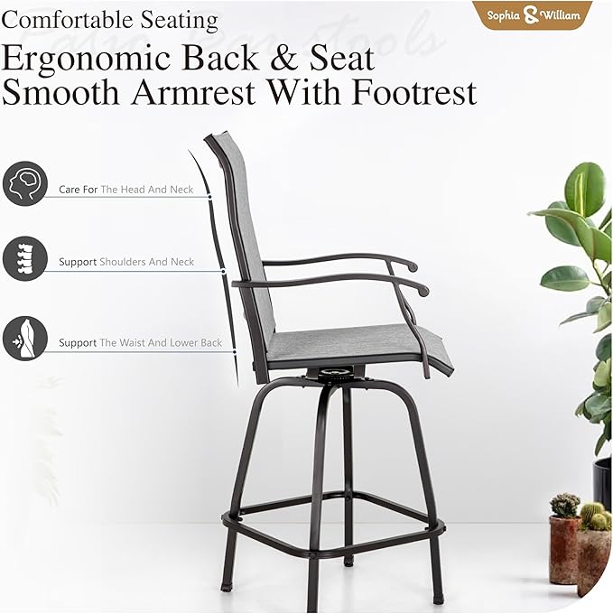 Sophia & William Swivel Bar Stools Set of 6, Outdoor Bar Height Chairs, High Top Patio Chairs, Supports 300 lbs (Grey Fabric)