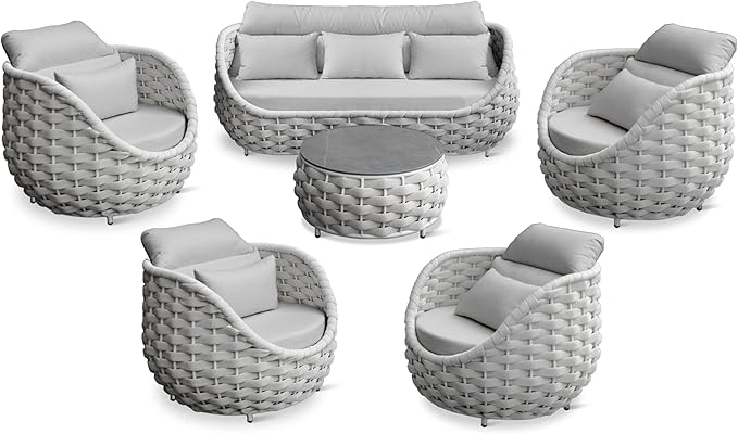 Aluminum Rope Patio Furniture Set: 6 Pieces Assembled Outdoor Conversation Sofa Set for 7 - Modern Metal Couch Set Cushioned - All Weather Porch Seating for Deck Garden Pool Lanai Hotel, Gray