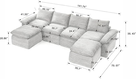 141.74" Sectional Couches for Living Room Modern Modular Sofa with U-Shape Couchs Upholstered Corduroy Boneless Couch Deep Seat Cloud Couch with Ottoman, No Assembly Required, Dark Gray