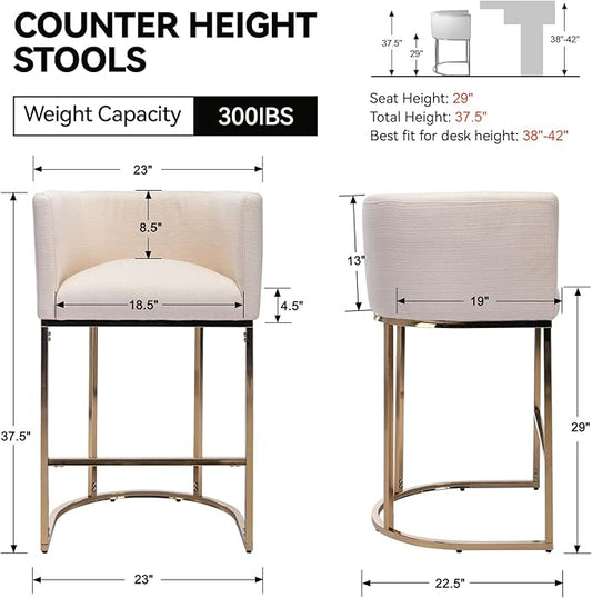 Contemporary Cream Linen Bar Stools Set of 2, 29" Upholstered Fabric Counter Height Barstools Kitchen Counter Island Stools with Screwed Together Golden Metal Base