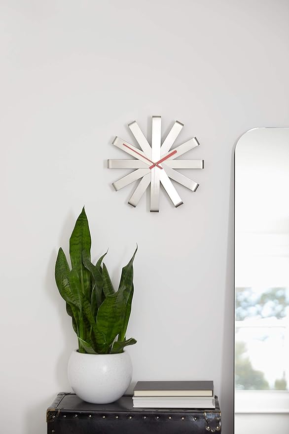 Umbra Ribbon Modern 12-inch Wall Clock, Battery Operated Quartz Movement, Silent Non Ticking Wall Clock, Stainless Steel