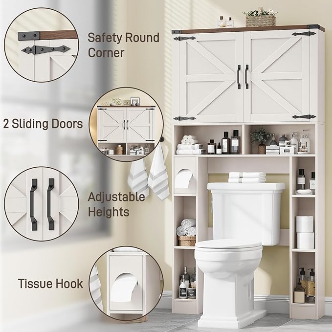 Over The Toilet Storage Cabinet, Farmhouse Storage Cabinet Over Toilet with 2 Barn Doors ,Toilet Paper Holder Stand,Home Space-Saving Toilet Rack, for Laundry, Restroom, Bathroom
