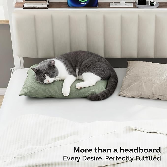 VINGLI Queen Size Headboard Only, Adjustable Upholstered Headboard with 3 Tier Shelves and Pegboard with Charging Stations and LED Lights, Modern Bed Headboard with Storage for Bedroom Decor