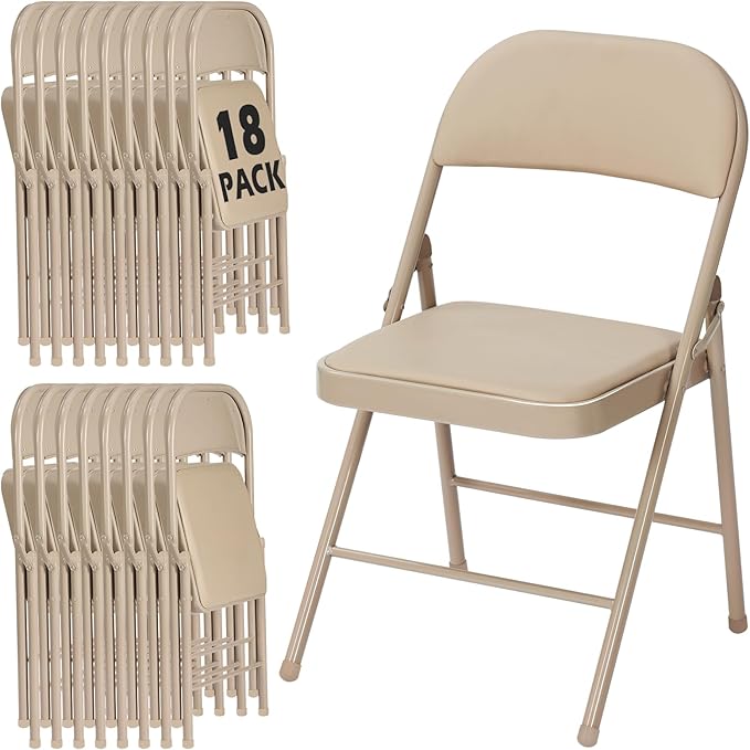 18 Pack Khaki Folding Chairs with Padded Cushion for Outside, Portable Stackable Commercial Metal Foldable Chairs with Steel Frame for Home Events Office Wedding Party, 350lbs Capacity