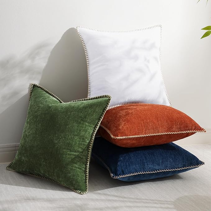 decorUhome Chenille Soft Throw Pillow Covers 24x24 Set of 2, Farmhouse Velvet Neutral Decorative Euro Pillow Covers with Stitched Edge for Couch Sofa Bed Home Decor, White