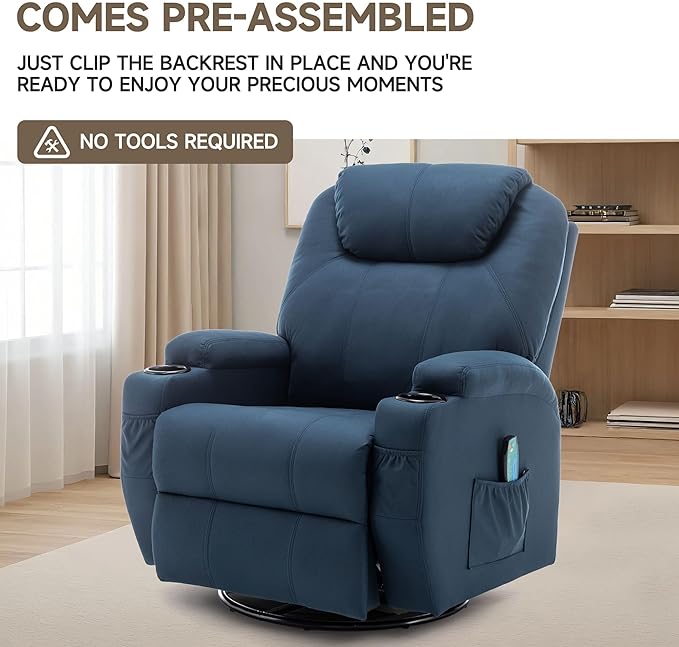 Recliner Chair, Rocking Chair with Heat and Massage, Swivel Recliner Chairs for Adults, Rocker Manual Recliner with Remote Control and Cup Holder for Living Room, Bedroom