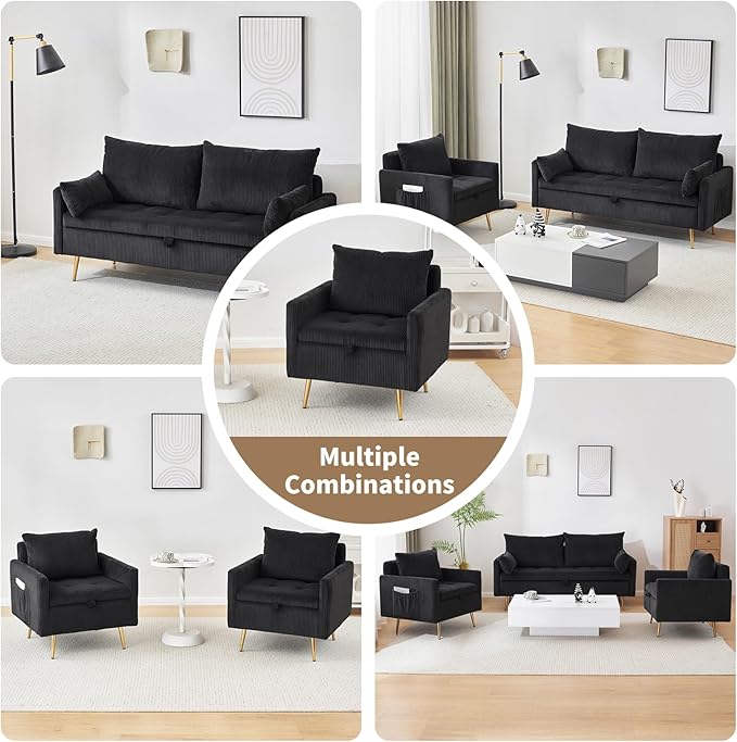 Furnimart Storage Accent Chair with Arm, Mid-Century Corduroy Sofa Chair with Removable Cushion Cover, Reading Chair for Bedroom, Living Room, Apartment, Black
