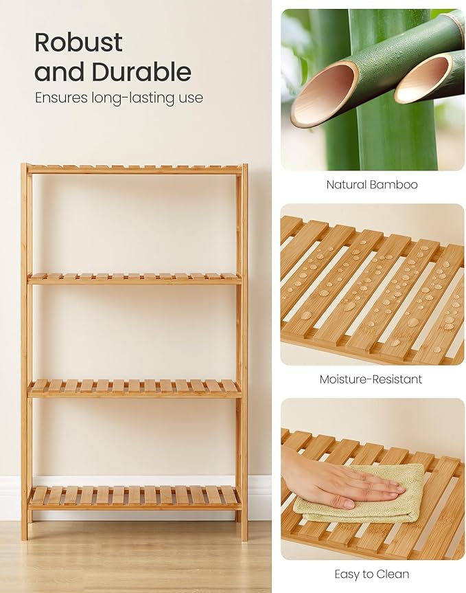 SONGMICS Bamboo Storage Shelf, 4-Tier Shelving Unit, Multifunctional, in The Entryway, Bathroom, Living Room, Balcony, Kitchen, 10.2 x 23.6 x 39.4 Inches, Light Bamboo UBCB034Y01