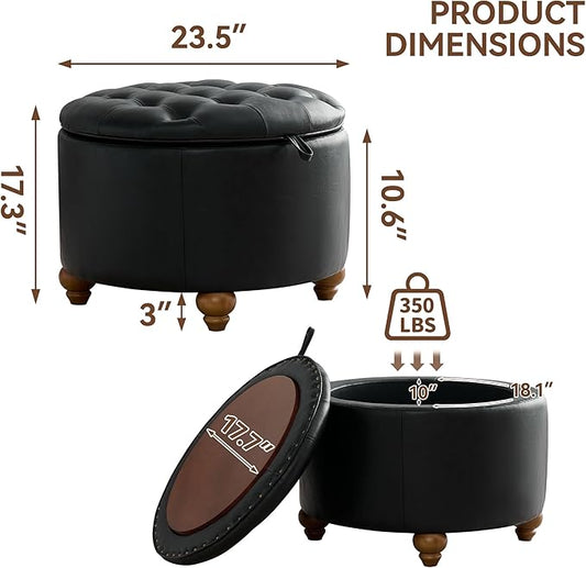 24Inch Round Storage Ottoman with Tray, Modern Tufted Leather Circle Coffee Table with Storage, Upholstered Ottoman with Removable Top for Living Room, Bedroom, Leather Black