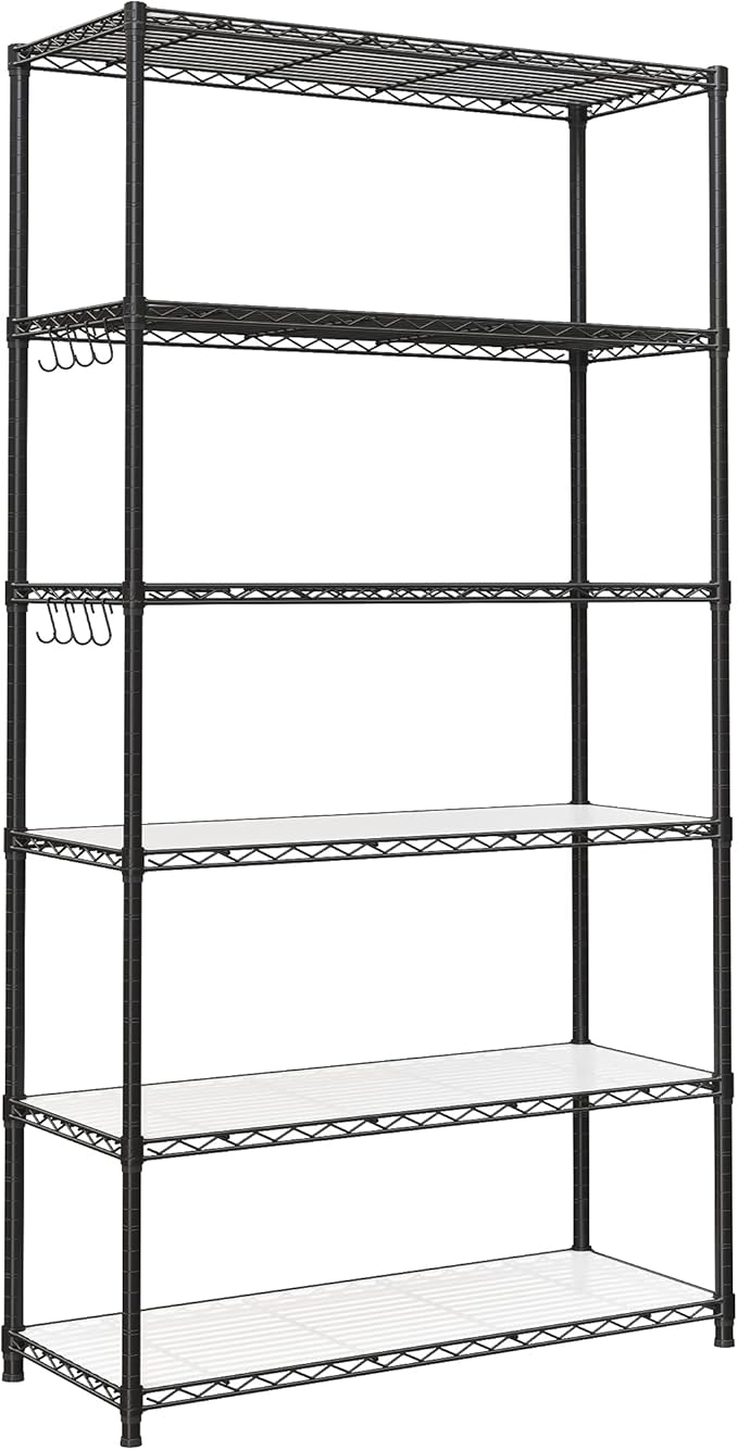 SONGMICS 6-Tier Storage Shelves, Wire Shelving Unit, Kitchen Metal Shelves, Storage Rack with Adjustable Shelves, Shelf Liners, 8 Hooks, for Garage, 13.8 x 35.4 x 69.7 Inches, Black ULGR096B01