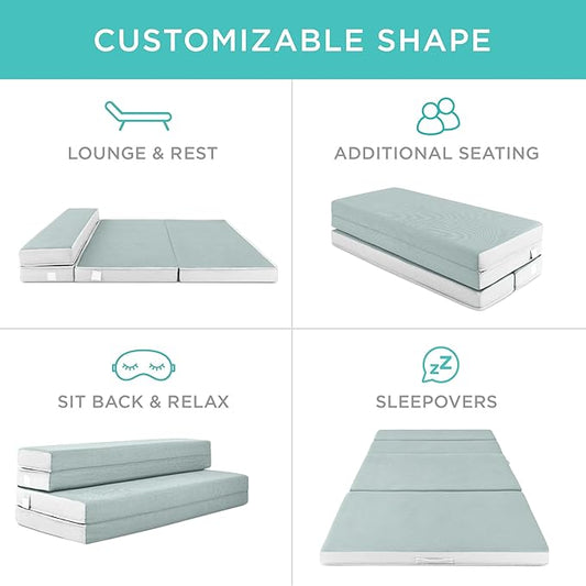 Best Choice Products 4in Portable Full-Size Mattress, Tri-Fold Mattress for Camping, Guest, Toddler, Foam Plush w/Carry Case - Seafoam