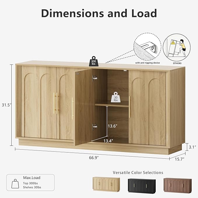 Sideboard Buffet Cabinet with Storage, Modern Accent Cabinet with Arched Doors, Boho Modular Media Console, 67" Large Minimalist Credenza for Living Room Kitchen Dining Room Entryway, Oak