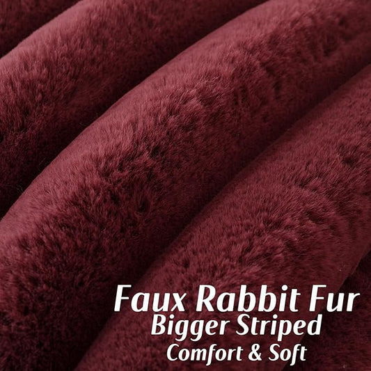 FUTEI Christmas Burgundy Decorative Throw Pillow Covers 18x18 Inch Set of 2, Square Soft Faux Rabbit Fur Thick Striped Cushion Cover,Winter Home Decor for Couch Bed Living Room