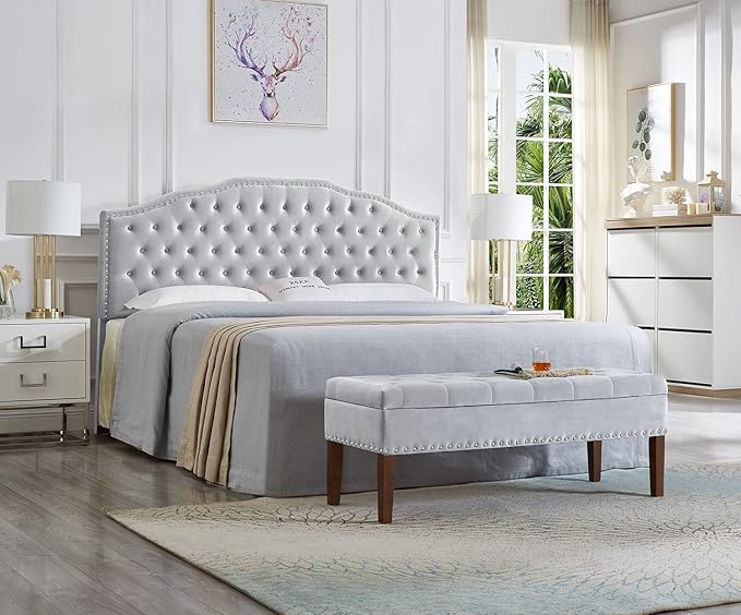 24KF Upholstered Button Tufted King Size Headboard with Nailhead Trim, Soft Velvet Fabric Headboard King/Cal King Size, Gray