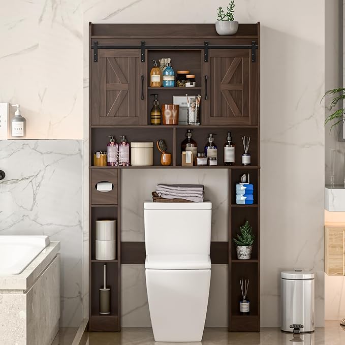 Farmhouse Storage Cabinet Over Toilet with Sliding Doors,Over The Toilet Storage Cabinet, Home Space-Saving Toilet Rack, for Bathroom, Restroom, Laundry.Espresso