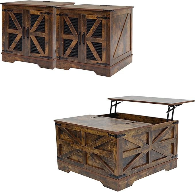 Farmhouse Coffee Table Set of 3, 1 Lift Top Coffee Table with Sliding Barn Doors and 2 End Tables with Charging Station, Living Room Table Set for Home Office, Brown