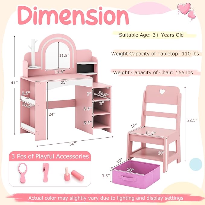Costzon Kids Vanity, Girls Vanity Set with Lighted Mirror, Bookshelf, Jewelry Storage, Toddler Makeup Vanity Desk Dressing Table, Wooden Kids Vanity Table and Chair Set (Pink)