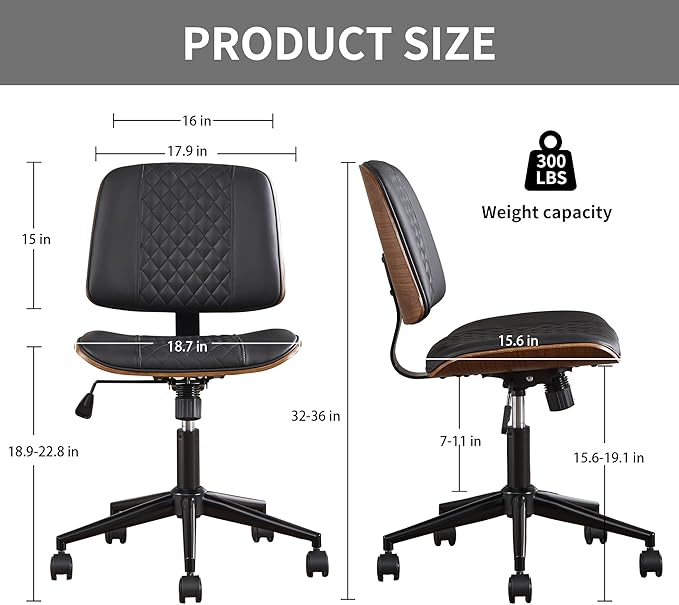 Modern Black Home Office Chair – Armless Mid-Back Desk Chair with PU Leather, Adjustable Height, Swivel Wheels, Walnut Wood Finish, Perfect for Small Spaces