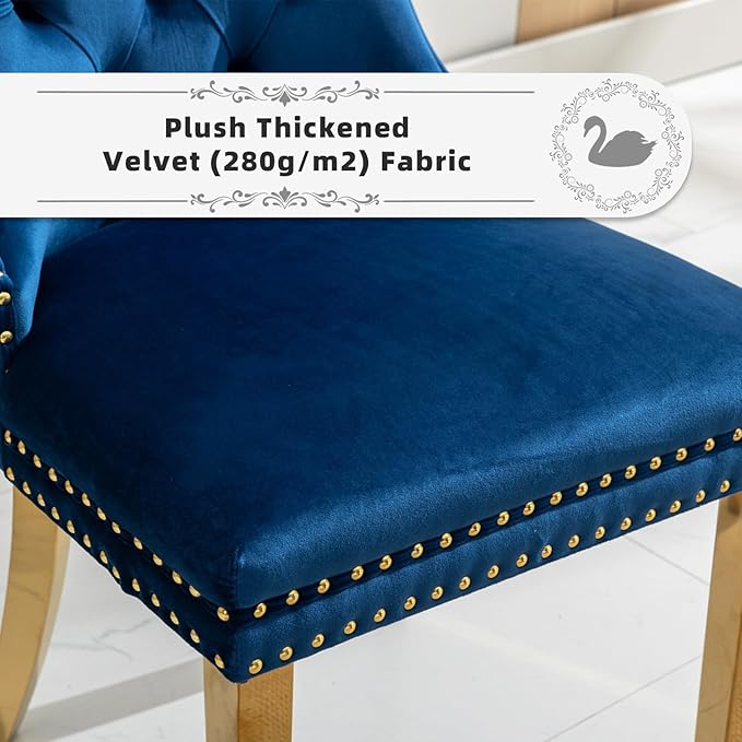 Velvet Upholstered Dining Chairs Set of 8, Modern Style Kitchen Side Chairs with Nailhead Trim and Gold Plated Leg, Metal Pulling Ring for Dining Room Living Room(Blue-Gold Plated Leg)