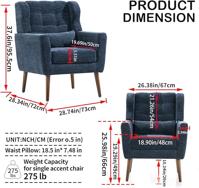 Accent Chair, Comfy Upholstered Living Room Chairs with High Tufted Backrest and Pillow, Wingback Reading Chair with Solid Wood Legs for Bedroom/Office, Chenille Fabric, Dark Blue